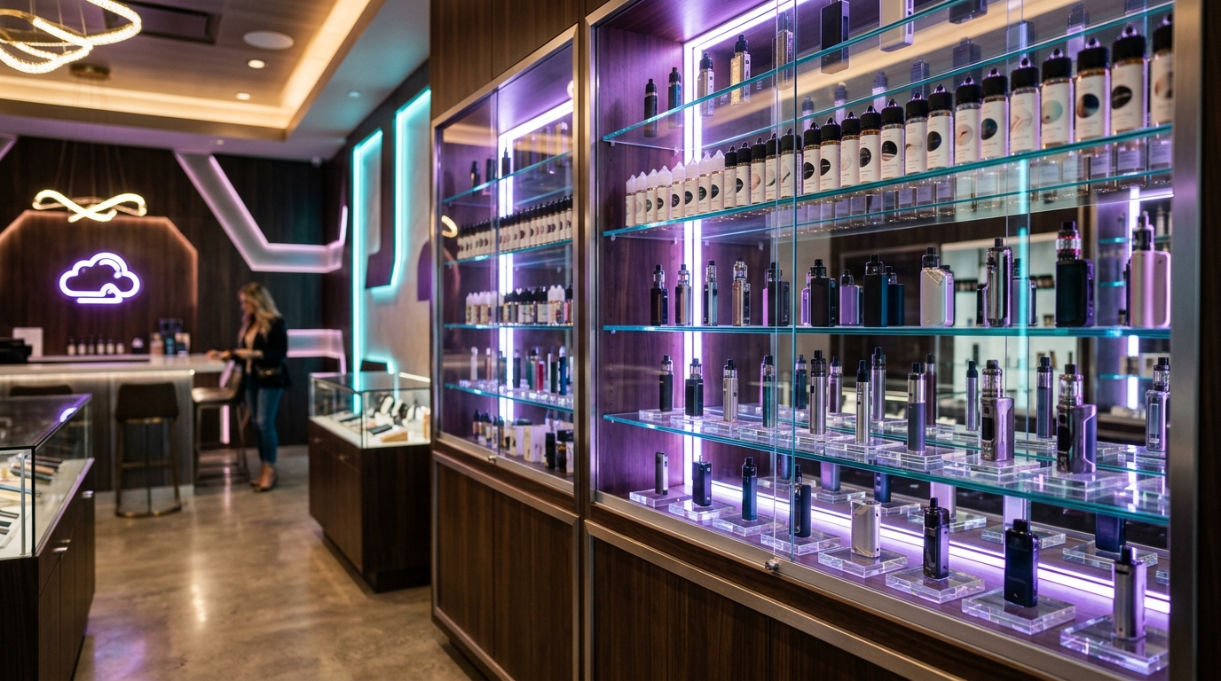 Vape display racks at 504 Vape & Smoke Shop Houston TX